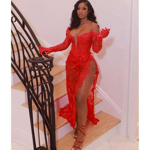 Sexy Red Prom Party Dress Off Shoulder See Thru Lace Split Long Pageant Evening Formal Gowns NO Gloves Robe De Soiree