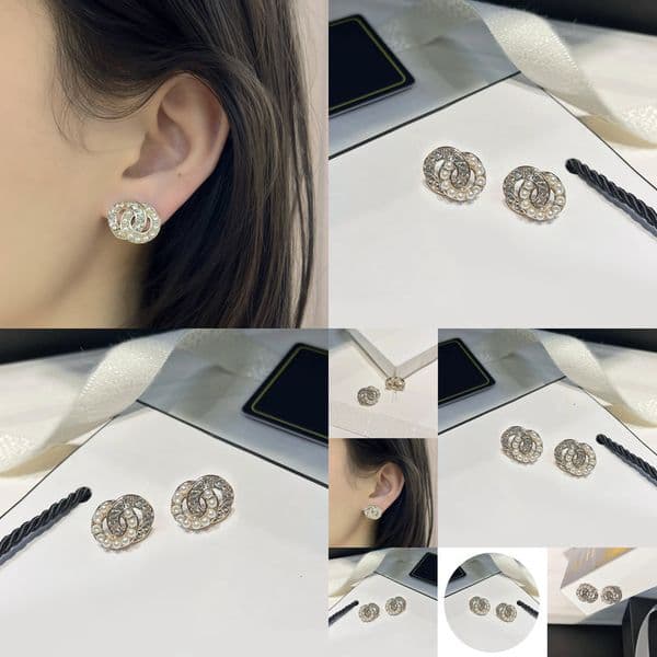 Crystal Classic Ear Stud Earrings Pearl Real Gold Brass Copper Stamp Letter Earring Fashion Women Elegance Wedding Party Jewelry Accessories