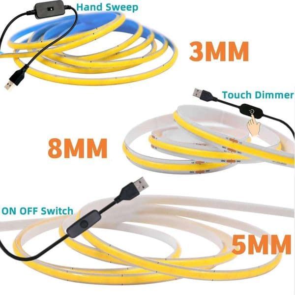 USB Dimmable COB LED Strip Light 3MM 5MM 8MM RA90 High Density 320LEDs/M 3000K 4000K 6500K FOB Flexible Ribbon Tape Rope Lamp 26Y0417