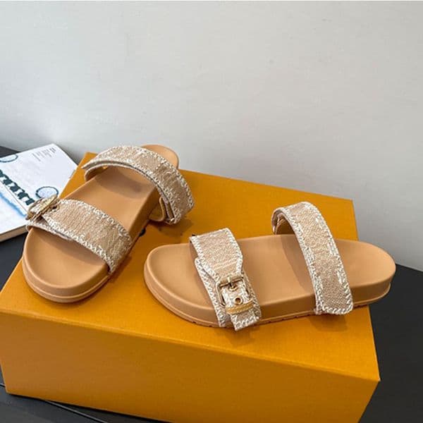 Designer womens Flat Comfort Mules classic raffia embroidered Outdoor leisure Mule Sandal ightweight rubber outsole Adjustable velcro strap beach sandals