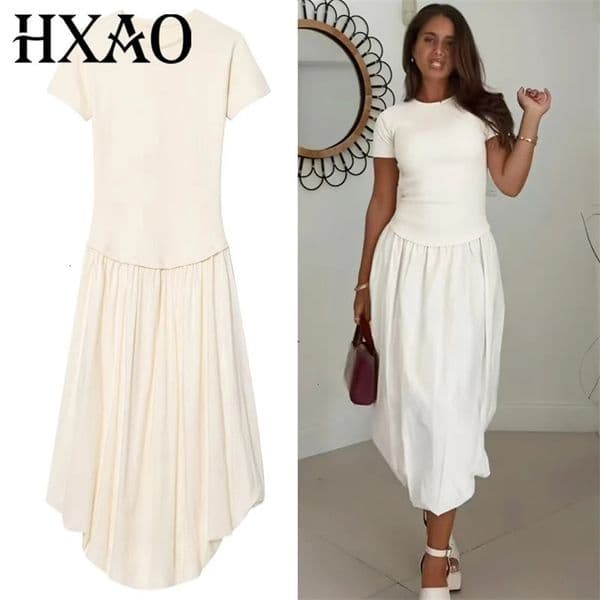 HXAO Womens Balloon Dresses Summer Elegant Evening Party Long Dresses Off White Patchwork Short Sleeve Dress Chic Vestidos 251018BJ