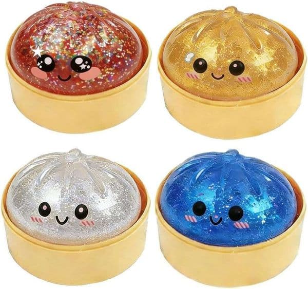 Glitter Squishy, 2026 New Dumpling Squishies Ball, Bun Squeeze Stress Relief Ball with Steamer Box, Relaxation Gift (4 PCS)