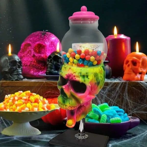 Luxury Designer Decor 1Pcs Halloween Transparent Cans Jar With Cover Bubble Gum Machine Color Skull Candy Storage Tank Dessert Display Stand 4