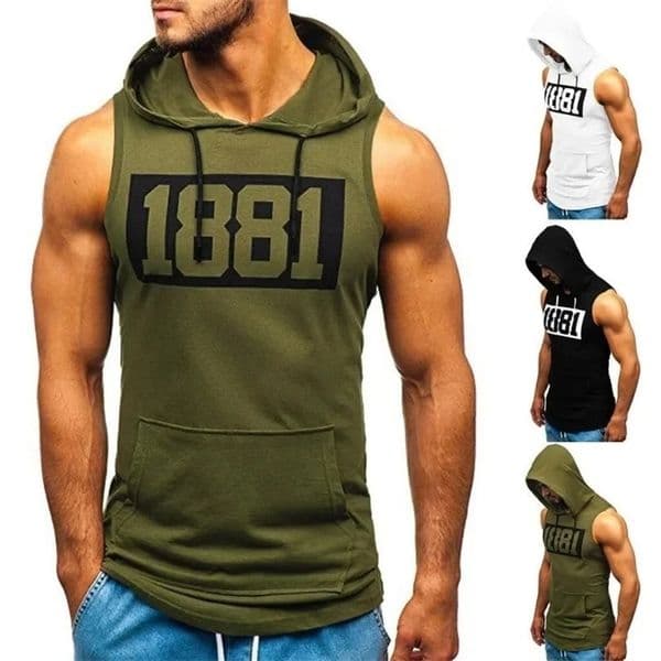 Mens Hooded Tank Tops Gym Workout Training Hoodies Sleeveless Bodybuildng Muscle Cut Off T-Shirt with Pocket 260108BJ