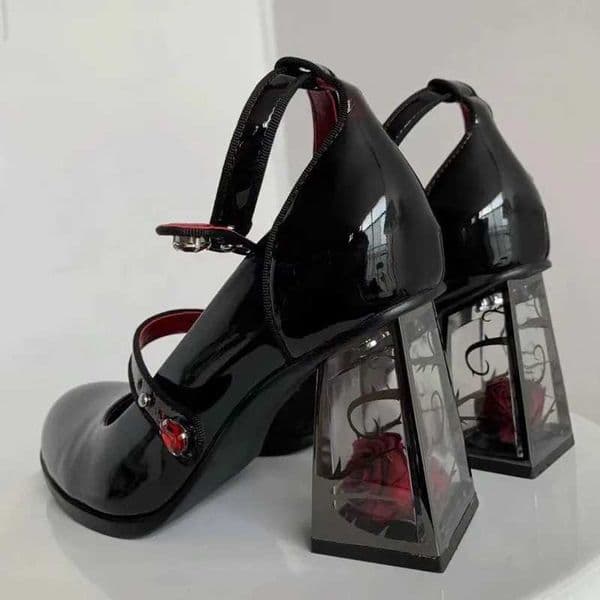 Womens Punk Gothic High Heels Pumps Woman Black Mary Jane Shoes 2025 New Rose Heeled Patent Leather Lolita Shoes Designer Shoes X260417