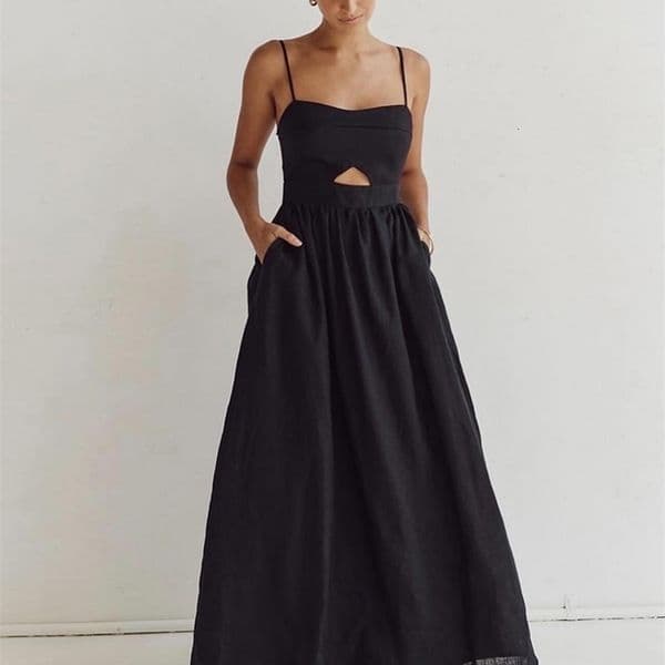Clacive Sexy Loose Black Cotton Womens Dresses Summer Strap Sleeveless Ankle Length Dress Elegant Hollow Out Female Dress 260416