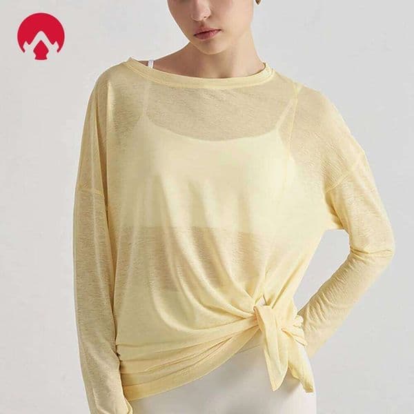 Translucent Women's Slub Yarn Yoga Top Breathable Long Sleeve, Loose Lightweight with Slimming Side Slits Fitness Activewear 26Y0417
