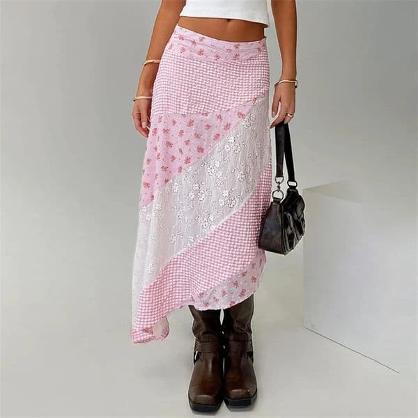 Irregular Women Lace Flowy Midi Skirt Vintage Low Waist Floral Print Long Skirt Lightweight Summer Sexy Club Party Skirt 260326BJ