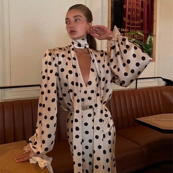 Elegant Satin Polka Dots Womens Maxi Dress Suit Ribbon V Neck Full Sleeve Waist Cinching Skirt Sets Evening Party Outfit 260401BJ
