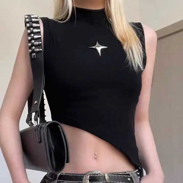 Y2K Crop Knit Top e-girl Women Sleeveless Asymmetrical Hem High Neck Stretchy Fitted Sweater Vest Summer 90s Outfit L260417