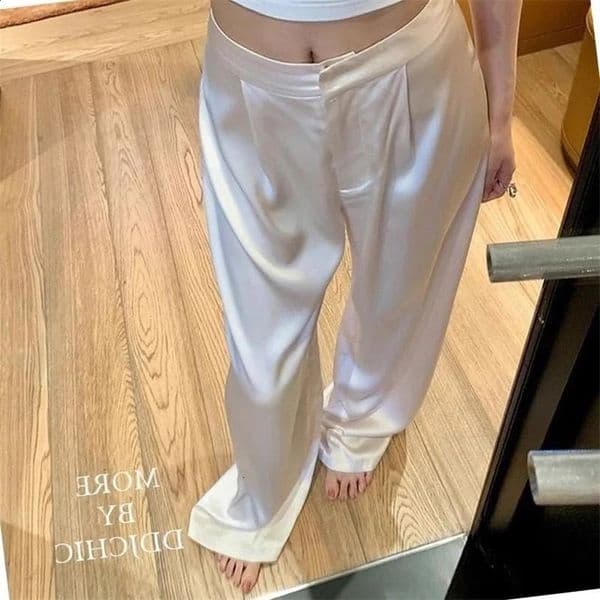 Summer Silk Satin Pants Elegant Office Lady Suit Pants Solid Color High Waist Pleated Wide Leg Pants Casual Baggy Trouser 260415BJ