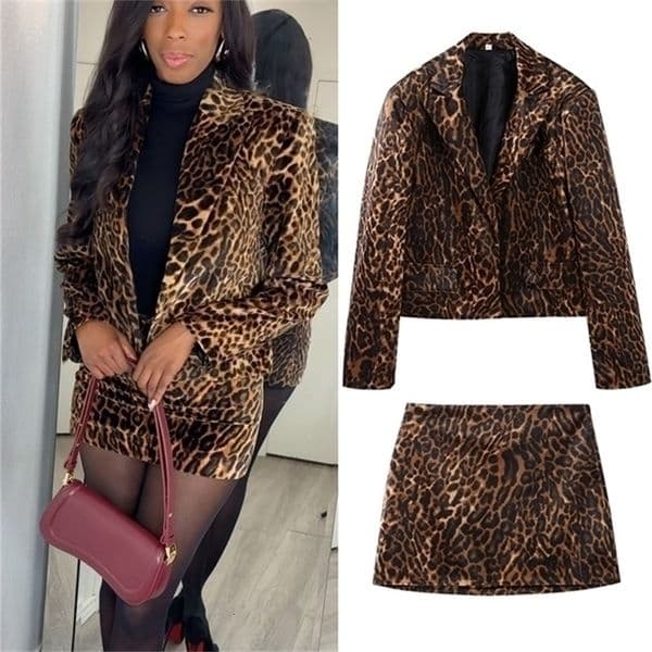 Chic Animal Leopard Mini Skirt Sets For Lapel Blazer Jacket A Line Short Skirt 2 Pieces Suits Office Lady Outfits 250901BJBJBJ