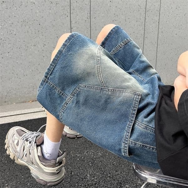 Summer Baggy Denim Shorts Fashion Casual Straight Harajuku Jeans Male Vintage Wash Drawstring Short Pants Streetwear 260416BJ