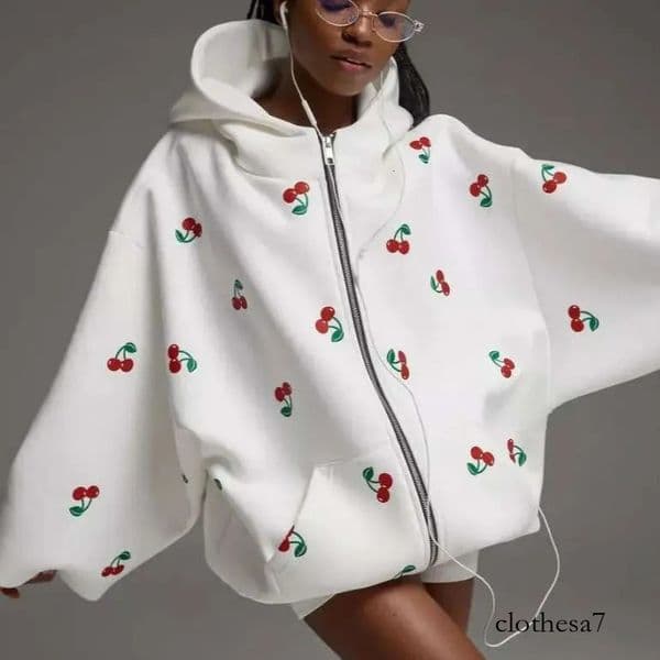 European And American Foreign Trade Cherry Print Sweatshirt Jacket Autumn Women Street Style Fashion Trendy Loose Versatile Sports Hoodie