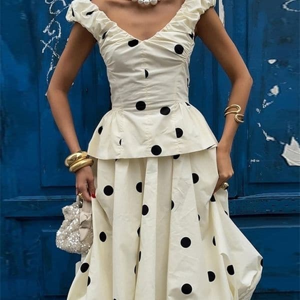Women Polka Dot Top Long Skirt 2 Piece Set Elegant V-neck Sleeveless Slim Top High Waist Pleated Loose Skirt Suit Lady Daily Set 260401BJ