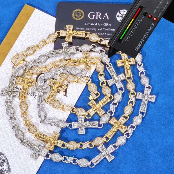 Jewelry Hip-Hop 8mm GRA 18k IGI 925 Silver Moissanite Necklace for 14k Men Cross Round Bead Chain High-End Light Luxury Jewelry