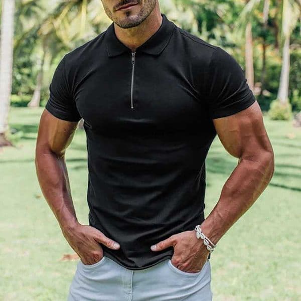 New Summer Fashion Polo Shirt Mens Stretch Cotton Sports Polos Male Zipper Short Sleeve Slim Fit T Shirt Casual Gym Clothing X260417