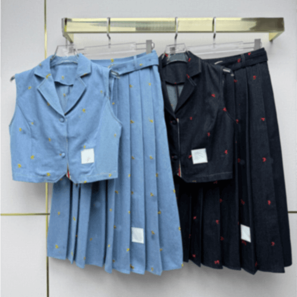 Designer Embroidered Denim 2-Piece Outfit, Sleeveless Blazer Vest & Pleated Midi Skirt Set, Luxury Preppy Style Women's Clothing