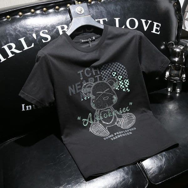 Bestseller 2026 Summer New Fashionable Rhinestone Design Men's T-shirt Light Luxury Trendy Round Neck Casual Short Sleeve Black and White