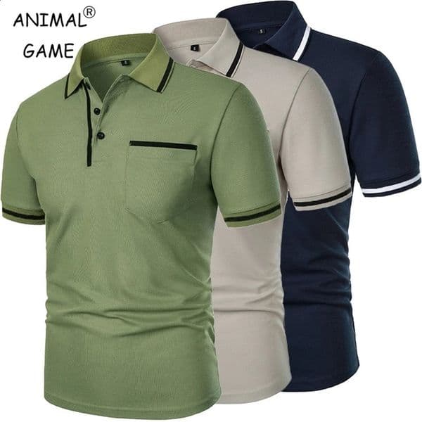 Mens Short Sleeve Polo Shirts Solid Color Casual T-shirt Summer Trendy Breathable Loose Basic Splice Top Pockets Men Shirts 260415BJ
