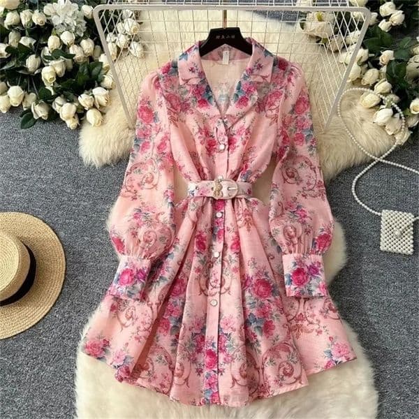 Elegant Long Sleeves Vintage Notched Neck Chic Print Fashion Sashes Slim Dress French Evening High Street Autumn Winter Clothing 250322BJ