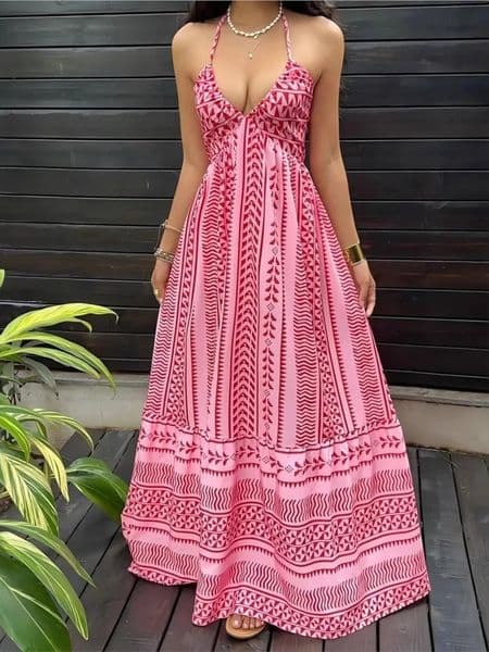 Women Spaghetti Strap Bohemian Beach Style Maxi Dress 2026 Spring Summer Trend Backless Waistband Hem Vacation Party Dresses 260416BJ