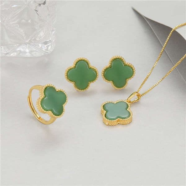 Imitation Hetian Lucky Jewelry Set: Necklace, Ring, Earrings, Four-Leaf Clover Natural Gold Inlaid Jade Simple Three-Piece Set