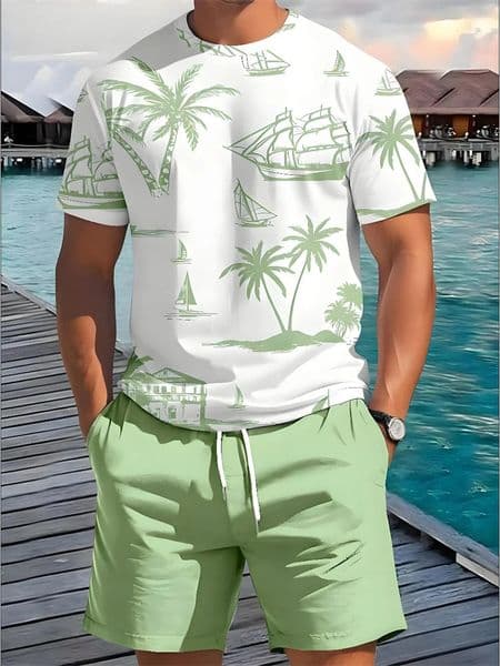2 Piece Summer Casual Everyday Mens Short Sleeve Shorts Set Hawaiian Print Mens T-shirt Outdoor Sports Mens Beach Shorts 260416BJ