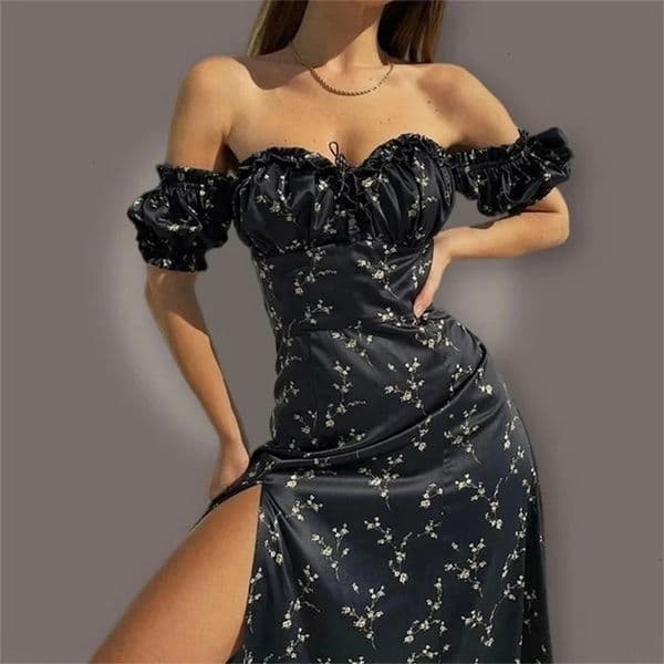 Summer Floral Off Shoulder Puff Sleeve Maxi Dress For Woman Robe Sexy Lace Up Side Split Chic MidCalf Aesthetic Dress 250902BJBJBJ
