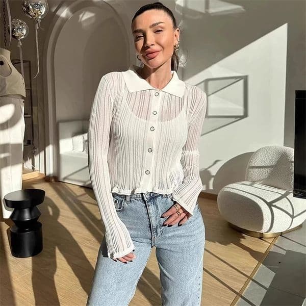 Tornova Summer Hollow Knitted Cardigan For Women Lapel Long Sleeve See Through Sexy Sweater Buttons Female Knit Top 260410BJ