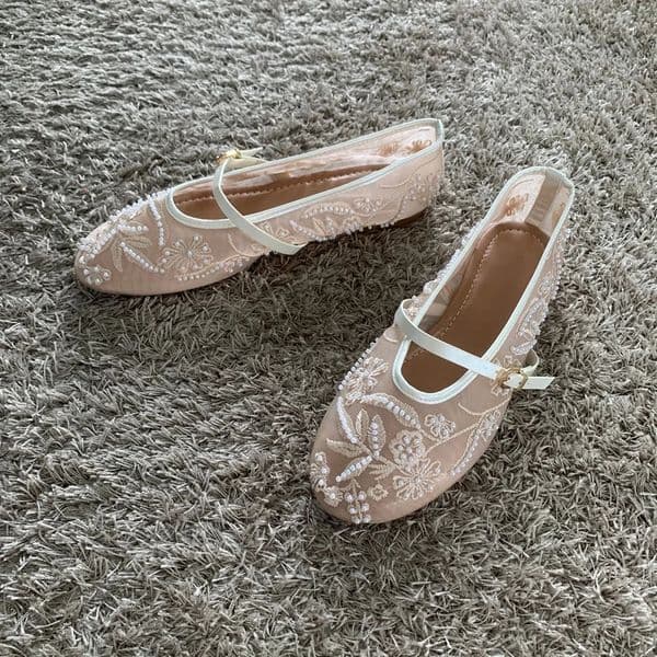 Mesh Embroidery String Bead n Women Ballet Flats Fashion Buckle Breathable Mary Jane Shoe Comfort Low Heel Soft Flat Sandal 260415BJ