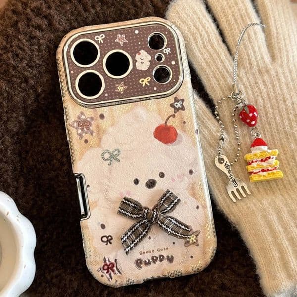 Korean Cartoon Puppy Bow Leather Texture Phone Case For iPhone 17 16 15 14 13 12 11 Pro Max With Cake Pendant Shockproof Cover ddmythur