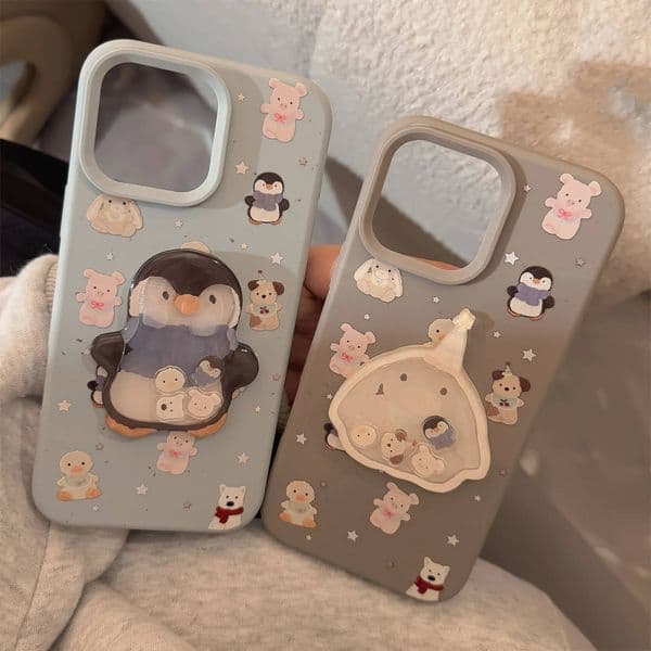 Cute Cartoon 3D Penguin Bunny Quicksand Phone Case For iPhone 16 15 13 14 12 Pro Max Soft Silicone Shockproof Protective Cover ddmythur