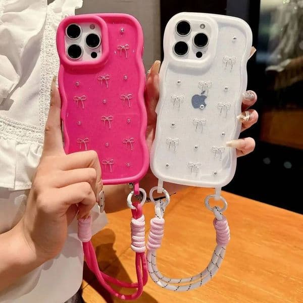 3D Wave Arc Silicone Bowknot Beads Hang Lanyard Chain Case For iPhone 16 15 14 13 Pro Max Fashion Wrist Neck Strap Cover ddmythur