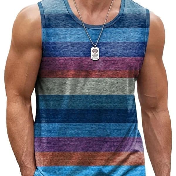 Retro striped graphic tank top mens fashionable casual summer sleeveless 3D printed vest loose crew neck quick drying sports T-shirt 250422BJ
