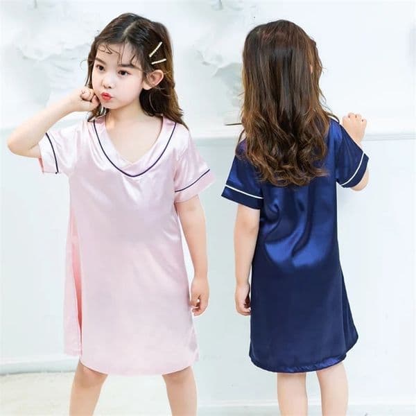 Summer Short Sleeve Satin Silk Pajama Toddler Girls Clothing Sleepwear Kids Girl Dress Pijama for 2-14Years 260408BJ