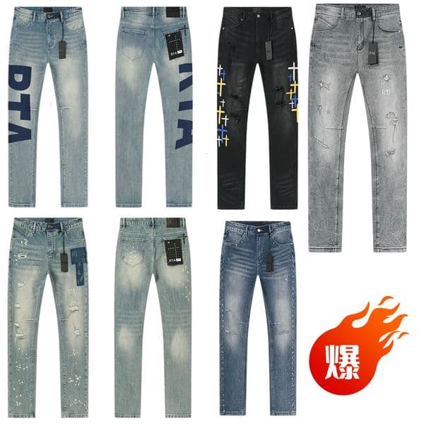 2026 RTA Gray Jeans Men Ripped Distressed Slim Fit Denim Pants Casual Fashion Trousers Distressed Ripped Biker Black Blue Jean Slim Fit Biker Jean
