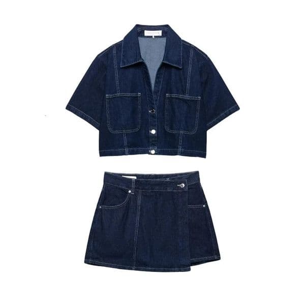Women Casual Navy Blue Denim Shorts Set V-neck Short Sleeves Cropped Shirt High Waist Solid Color Shorts Skirt Female Suits 251110BJ