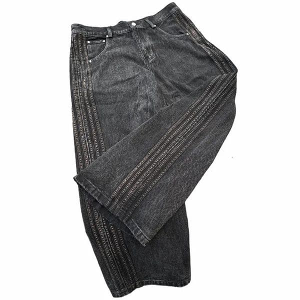 Streetwear Jeans Y2K Clothes Mens Womens Hip Hop Retro Striped Embroidery HCW Baggy Jeans Black Pants Wide Leg Trousers 251029BJ