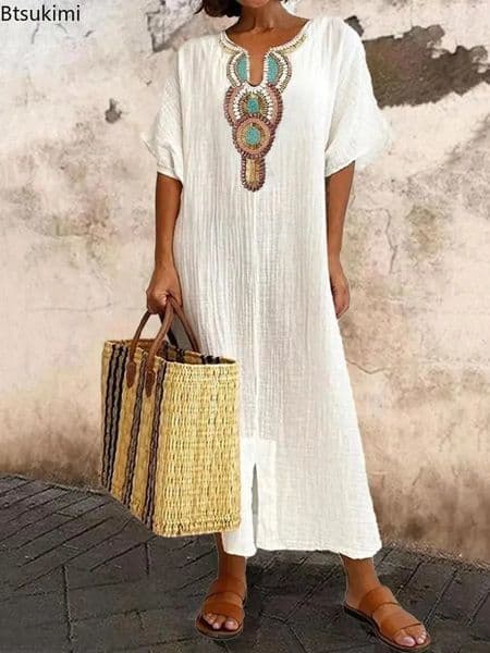 2026 Womens Boho Vintage Embroidered Cotton Linen Long Dress Ladies V Neck Split Maxi Party Short Sleeve Loose 260410