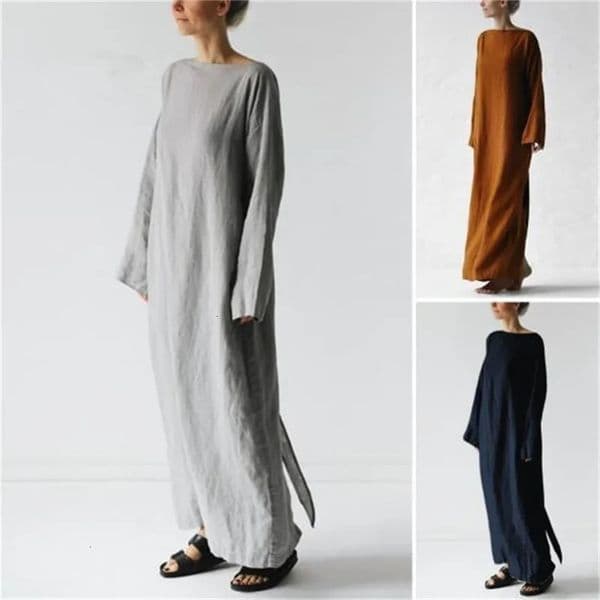 Japanese Style Linen Long Sleeve One Shoulder Dress with Belt Pure Color Fairy Atmosphere Maxi Dress Loose Waist 251008BJ