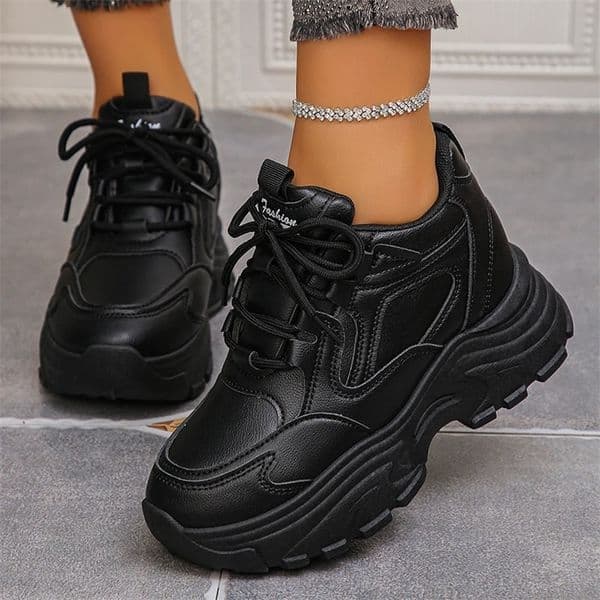 Black Pu Leather Chunky Platform Sneakers Women Plus Size 42 Lace Up Height Increase Shoes Woman Thick Bottom Vulcanized Shoes 251125BJ