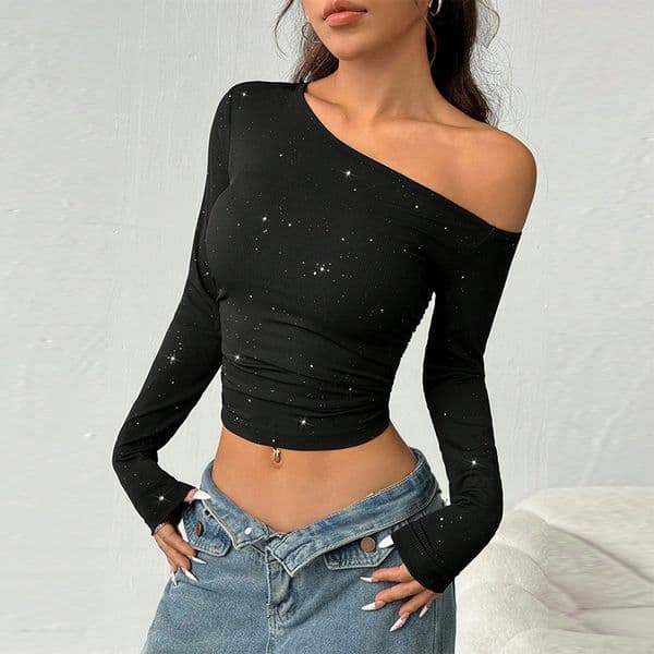 European Designer Shirt And American Hot Girl Rhinestone Off-shoulder Long Sleeve T-shirt For Polo Shirt Women Spring Designer Hoodie Ins Slim Knitted Base Shirt