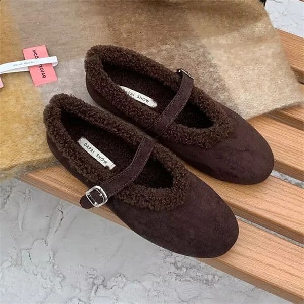 Flats Women Loafers Shoes Fur Fashion Mary Jane Shoes Short Plush Cotton Shoes Comfort Dress Snow Mujer Botas 260317BJ