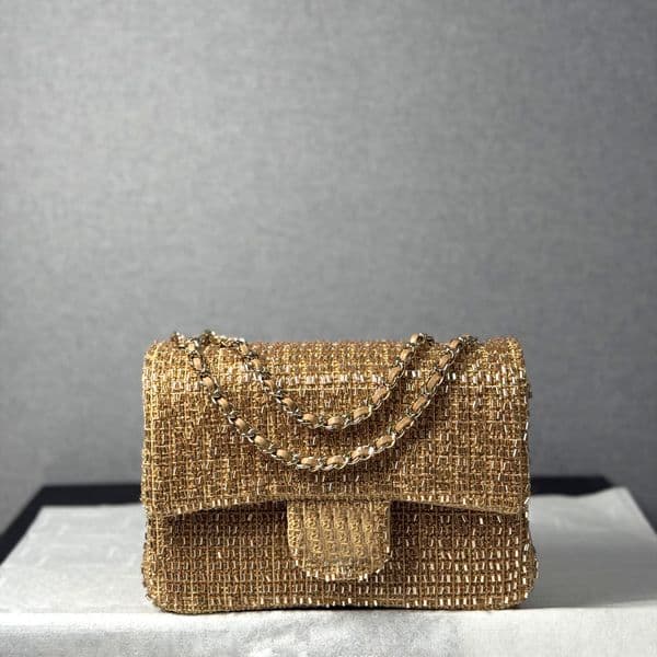 Designer Bag Women's Golden Beaded Tweed Shoulder Bag, Shimmer Chain Strap Evening Purse for Party & Daily Use