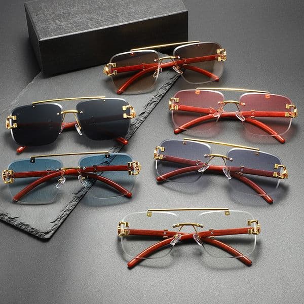 Wood Grain Leopard Head Sunglasses for Women High-End Men's Sunglasses Double-Beam Square Frame Rimless Sun Protection Unique Sunshade Glasses