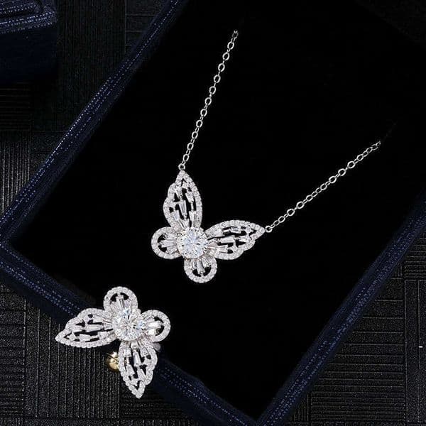 Shining Selection s925 Solid Silver Fashionable Light Luxury Clavicle Chain Vintage Style Butterfly Open Ring Necklace Set