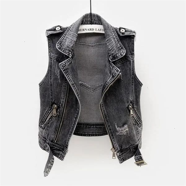 Spring Autumn Gray Jean Hole Denim Women Vest Female Sleeveless Wild Tops Short Jacket Girls Ripped 5XL Vest 250303BJ