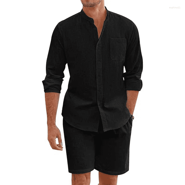 Men's Tracksuits Cotton Linen Breathable Soft Shirt & Shorts Suit Beach Holiday Long Sleeve Two-piece Sets