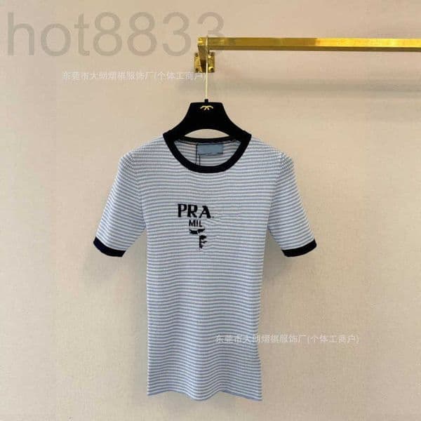 Women's Knits & Tees Designer Goods Top Class Early Spring New Style Color-blocking Striped Letter Print Round-neck Knitted Short-sleeve Shirt ATYM